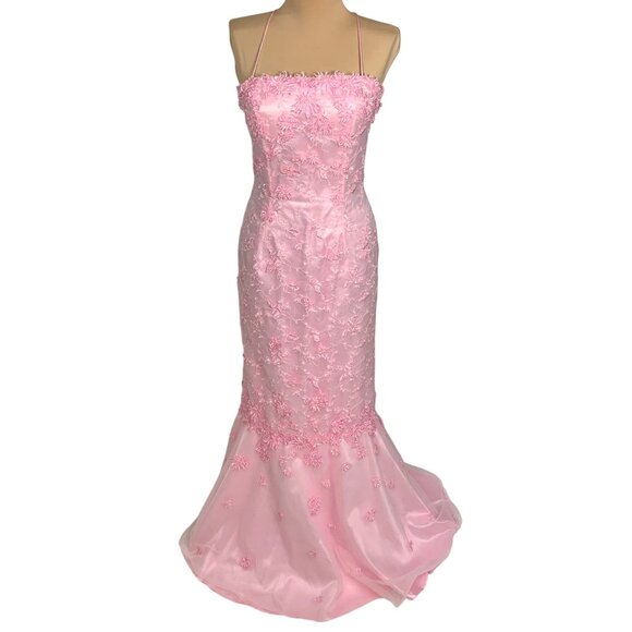 Beyond Jovani Pink Embroidered Evening Gown 4 Lace-Up Corset Back Mermaid Prom - Picture 1 of 9